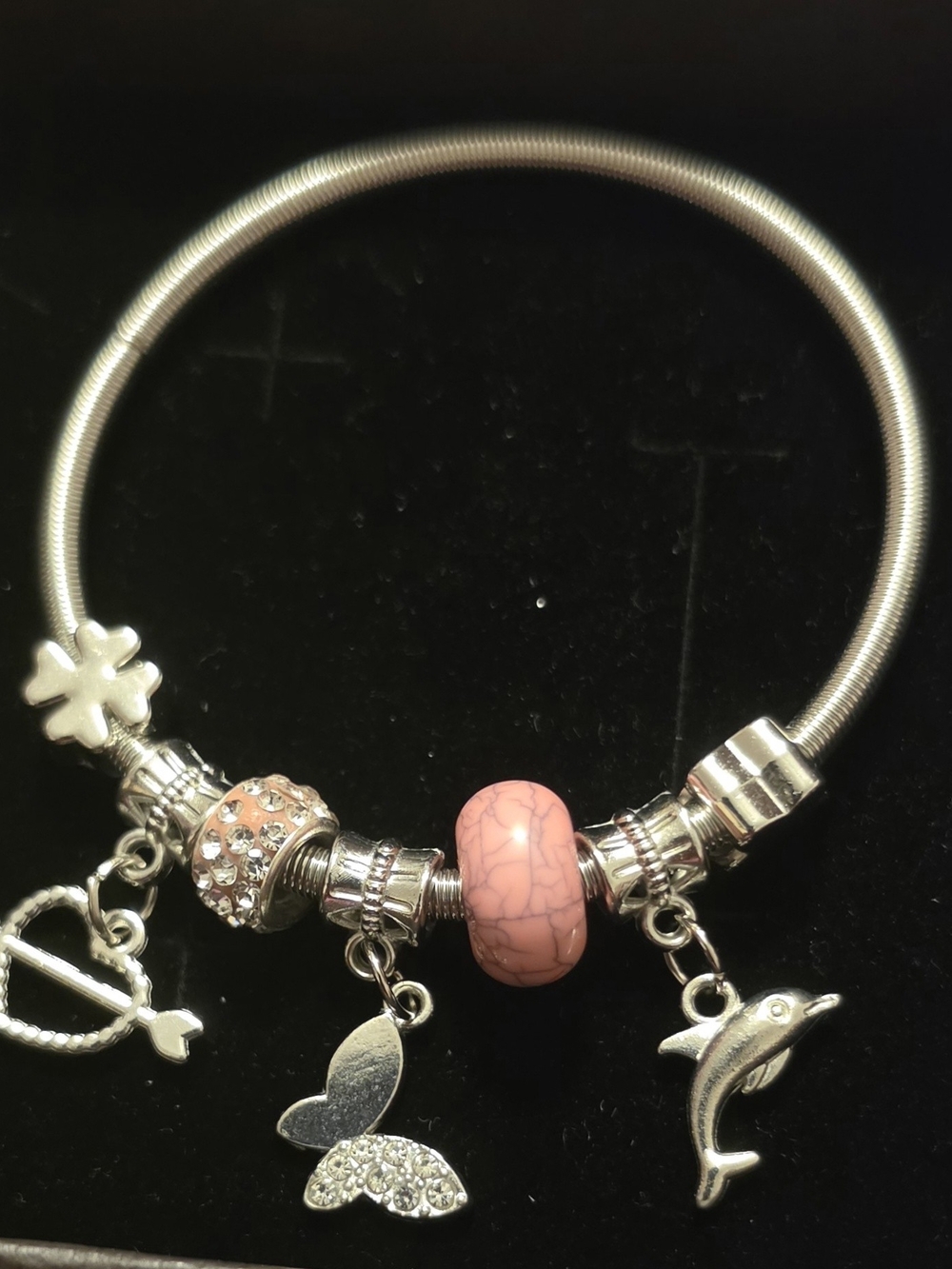 Silver Charm Bracelet with Pink Bead and Dangling Charms